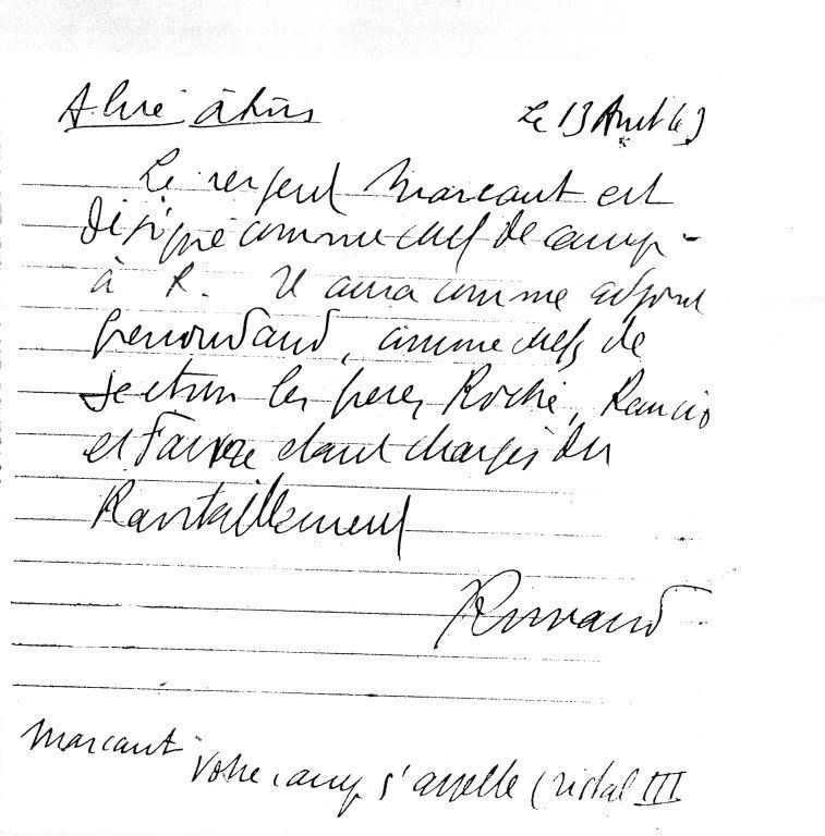 Nomination de Pierre MARCAULT par le Capitaine ROMANS (il signe ROMAND) comme chef de Camp, codé CRISTAL III. Note manuscrite du 13/08/43, source : Pi